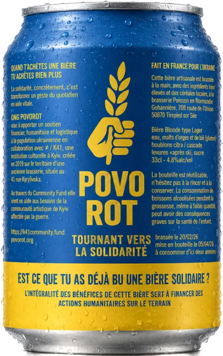 Canette de bière Povorot 33 cl, bleue et jaune « Tournant vers la solidarité »